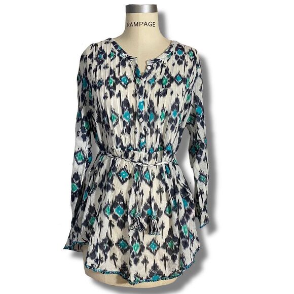 Calypso St. Barth Tops - Calypso St Barth Women’s Size Large Fit Flare Blouse White Turquoise Tie Waist